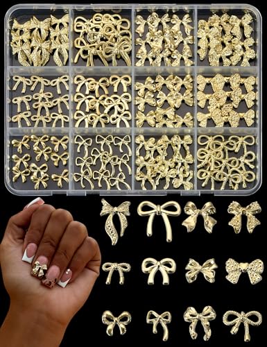 UWETIME 120Pcs Gold Bow Nail Charms 12 Styles 3D Metal Alloy Bow Charms for Nails