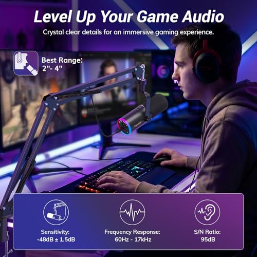Image of TONOR Dynamic Gaming Microphone, XLR /USB Microphone for Content Creators with AI Noise Cancellation, RGB, Tap Mute, Gain Control, Microfono with Boom Arm for Streaming, Black, TD510 AIR S H+