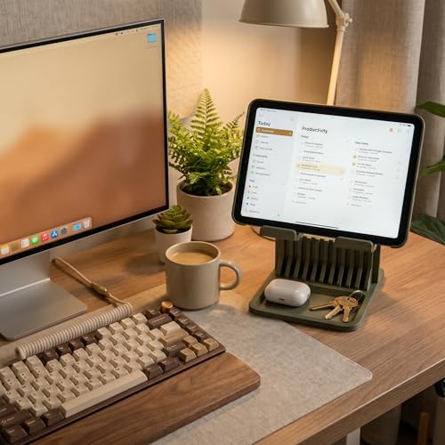 Image of Universal Tablet Stand with Storage Tray | 3D Printed Desk Holder Compatible with iPad Pro, iPad Air, Samsung Galaxy Tab & Tablets up to 15 mm Thickness | Modern Organizer Stand