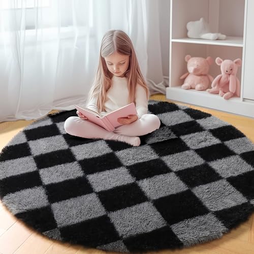 Image of KICMOR Round Rugs 6ft Black and Grey Circle Area Rug, Fluffy Soft Fuzzy Shag Shaggy Bedroom Living Room Carpet, Indoor Checkered Circular Rug for Teen Kids Boys Girls Home Decor Aesthetic, Nursery
