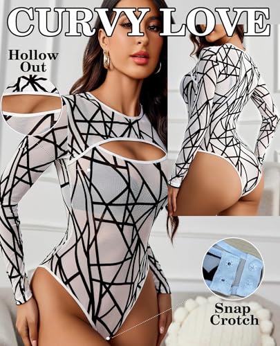 Image of GirlFriend Mesh Bodysuit for Women Long Sleeve Body Suit Sexy Tops Cut Out Leotard See Through Shirts Sheer Rave Outfits