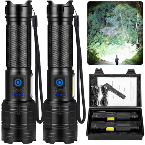 Rechargeable Flashlights 90,000 High Lumens - 2 Pack, Super Bright Flash Light with 7 Lighting Modes, 24H Long Life Powerful Flashlight with Side Light, IPX7 Waterproof Flashlight for Camping Home