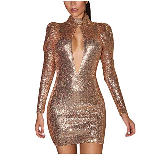 Women's Sexy Backless Sequin Glitter Bodycon Stretchy Mini Party Dress Long Sleeve Cocktail Evening Dress Clubwear (M, Rose Gold)