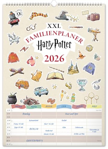 NOTIQUE Calendario de pared XXL 2026 – Planificador mensual utilizable como planificador familiar con 6 columnas – Calendario mensual 33 x 46 cm (Harry Potter)