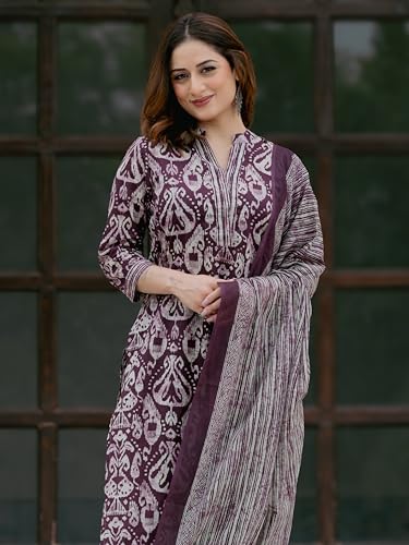 Image of Arayna Women's 100% Pure Cotton Ikat Printed Ethnic Straight Kurta Pant and Dupatta Set for Women