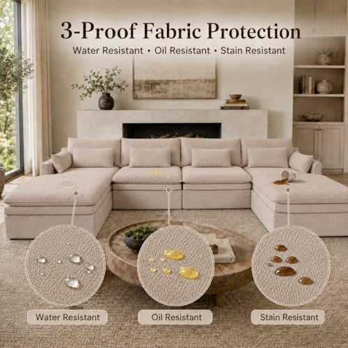 Image of WJShome Modular Sectional Sofa, Deep Seat V-Shaped Cloud Couch with Water-Resistant & Stain-Resistant Fabric, Removable Washable Covers,Modern Sleeper Sofa for Living Room, Apartment, Khaki