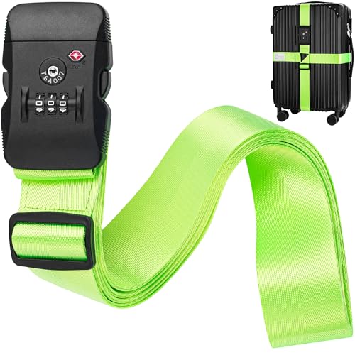 BlueCosto - Sangle de Bagage avec Serrure TSA - Réglable de 2,2 à 4 m, Vert Néon - Ceinture de Sécurité pour Valise Approuvée par la TSA avec Serrure à...