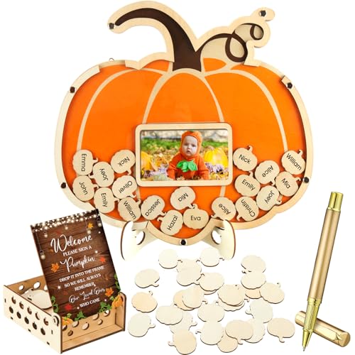Thyle 63 Pcs Pumpkin Baby Shower Guest Book Fall Halloween Pumpkin Baby Shower Decorations with Photo Frame Sonogram Frame Keepsake Alternatives 60 Wood Slices Set, Autumn Thanksgiving Party Favors