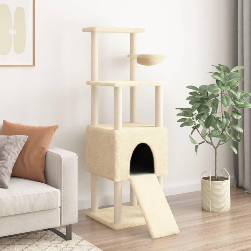Kratzbaum Katze mit Sisal Säulen Creme 153 cm Kletterbaum Höhle Hängematte Liegemulde Plüsch Stamm Kratzbrett robust stabil platzsparend für Wohnung Balkon