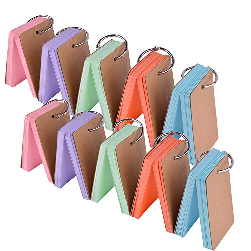 Cehomi 5 Color Flash Cards Index Cards. Multicolor Note Cards with Binder Ring. Blank Kraft Paper Easy Flip DIY Greeting Cards(10 Pack,50 Pieces/Pack, 3.5x2.2 inch)