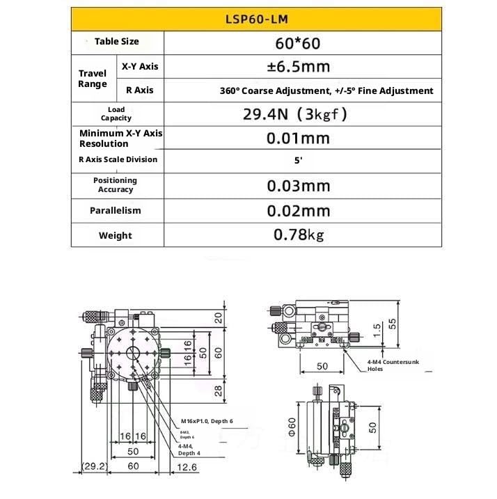 Liniowy stolik obrotowy XYR 60 mm, 3-osiowa platforma z ręcznym przemieszczaniem mikrometru, precyzyjny stół przesuwny szyną poprzeczną o średnicy 0,01 Automatyka Przemysłowa(LSp60-LM)