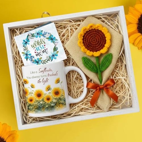 Image of TIED RIBBONS Gift for Mom, Birthday Gift for Mom Women Wife Mother in Law Mummy (Sunflower Handcrafted Flower with Ceramic Coffee Mug & Greeting Card) - Anniversary Birthday Gift Set