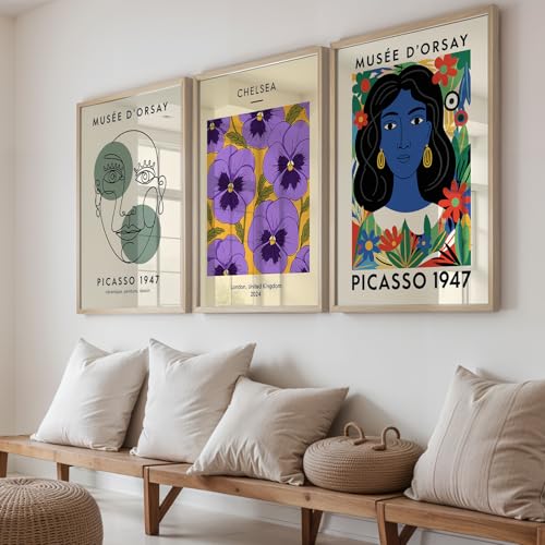 Image of NoWorries Modern Abstract Wall Art Frame | London Chelsea Floral Print & Picasso' Inspired Wall Art Paintings 300 GSM Premium Prints | Stylish Home Decor for Living Room, Office & Bedroom | Synthetic Wooden Wall Art Frames (Set of-3) (NATURAL, ART-3, 13X19INCHES)