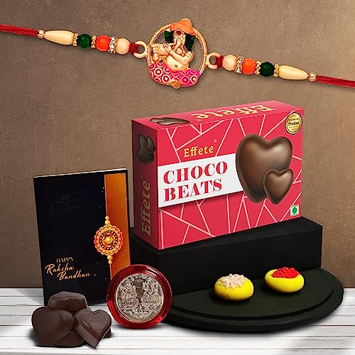 Image of DeoDap Multicolor Idol Ganesh Roli Chawal Gift Rakhi with Chocolate Beats 32gm, Silver Pooja Coin, Tilak Set, Greeting Card - Rakhi Gift for Brother