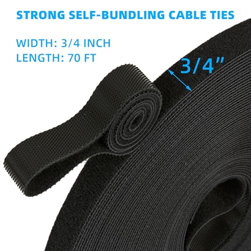 Image of 70FT x 3 /4 inch Hook and Loop Roll, Reusable Fastening Cable Ties, Multi-Purpose Cable Management Wire Ties Cable Straps for Organizing Home, Office and Data Centers