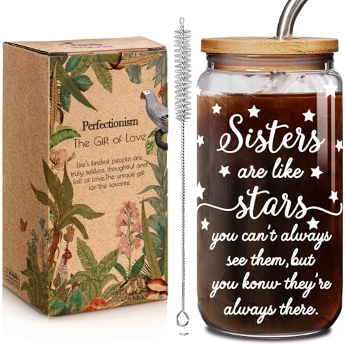 Sister Are Like Stars Glass Cups with Lids and Straws Birthday Gifts for Bestie Friend Sister, Mothers Day, Graduation Sisters 16oz Glass Drink Cup Gifts for Sisters Women from Brother, Sibling Gift