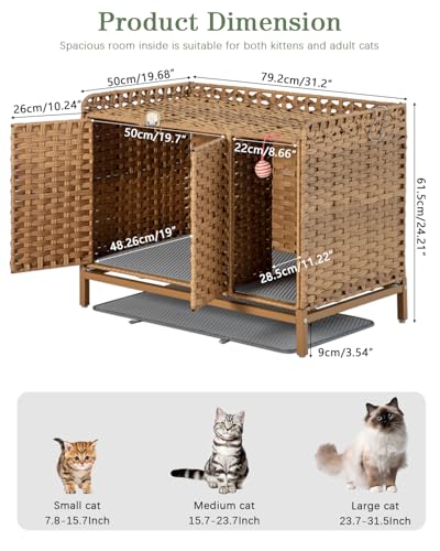 Image of SETVSON Cat Litter Box Enclosure Furniture with Divider, Handwoven Rattan Litter Box with Mat, 31.2 x 19.6 x 24.2 Inches, Metal Heightened Feet, Hidden Cat House for Living Room, Bedroom (Natural) | Handwoven PE Rattan with Soft Litter Mat, 3.54-In Heightened Metal Feet, 2 S-Hooks, 31.2 x 19.6 x 24.2 In Spacious