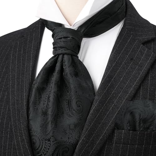 Image of HISDERN Ascot Ties for Men Paisley Floral Ascot and Pocket Square Set Classic Self Tie Mens Cravat Handkerchief for Wedding