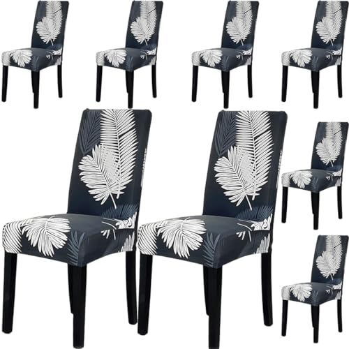 Image of Styleys Chair Covers for Dining Room, Stretch Dining Chair Cover, Washable Spandex Kitchen Chair Slipcovers (Set of 8, White Fern, SD3214)