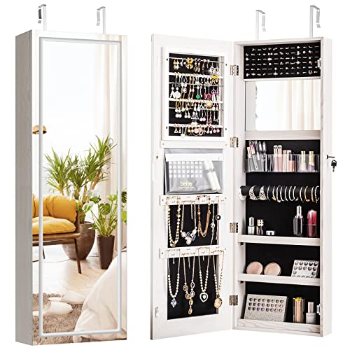 GOPLUS Armario para joyas con espejo, armario con espejo con iluminación LED y espejo de cuerpo entero, montaje en puerta y montaje en pared, organizador de joyas con cerradura, 40 × 12,5 × 120 cm