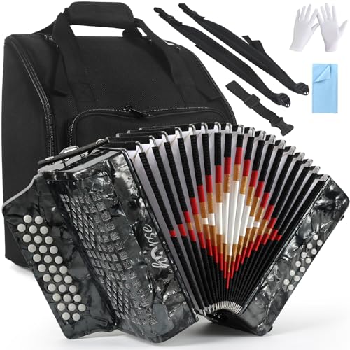 31 Keys Accordion, Horse Button 12 Bass Accordions FBE Acordeones Para Adultos Acordeón De Adulto Azul for Musical Instrument Adults Beginners with Bag, Strap, Cleaning Cloth, and Gloves(Grey)