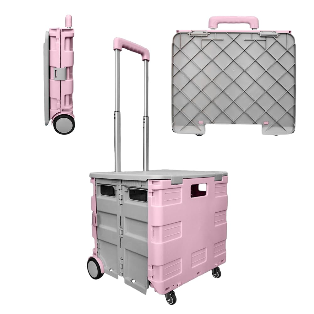 Berry 40L Foldable Shopping Trolley, Plastic Trolley Cart with 4 Wheels and Lid, Portable Cart with Telescopic Handle, Multipurpose Utility Cart for Shopping, Teacher, Laundry (Pink & Grey, 40 KG) โ image 1