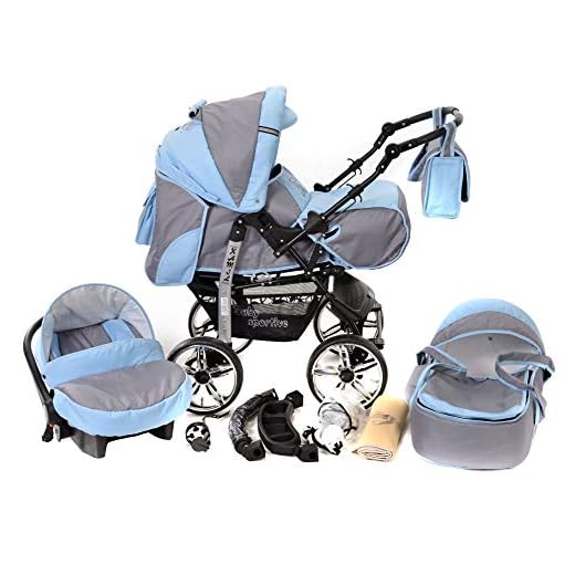Kamil - Sistema de viaje 3 en 1, silla de paseo, carrito con capazo y silla de coche, RUEDAS ESTÁTICAS y accesorios (Sistema de viaje 3 en 1, gris, azul)