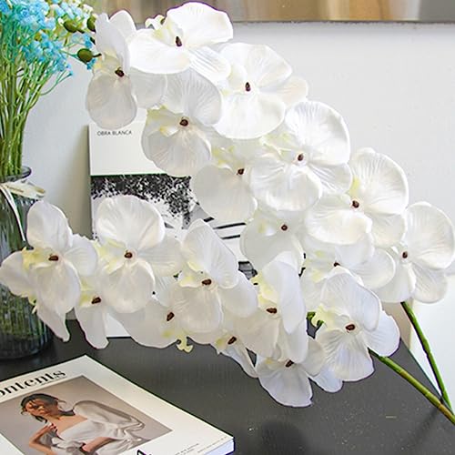 OUKEYI Weiße künstliche Phalaenopsis-Blumen, Orchideenstiele, künstliche Blumen, fühlen sich echt an, Latex, künstliche Phalaenopsis-Zweige, 9 große Blüten, 68 cm, 6 Stück
