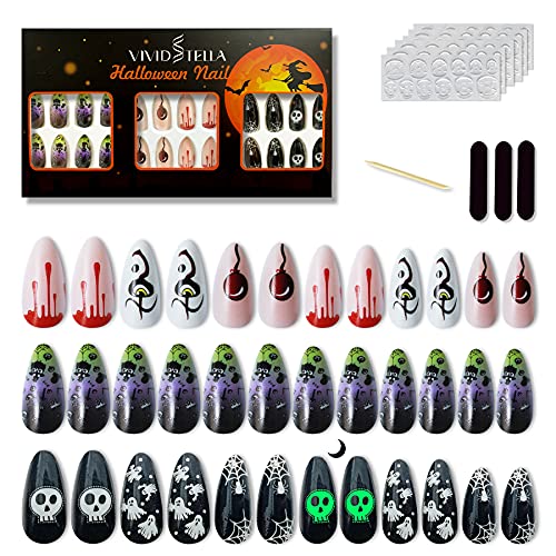 Luminous Almond Fake Nails Press On Full Cover Skull Nails 72Pcs Ghost Nail Tips for Women Halloween Fingernail Decors