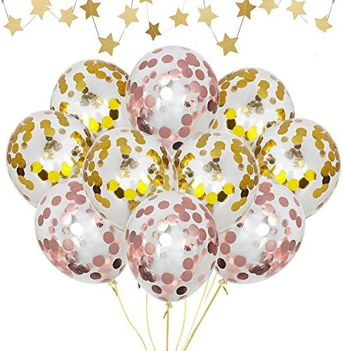 Rose Gold Confetti Balloons& Gold Confetti Balloons 30 Pack 12 inch Helium Balloons Confetti for Birthday Party Decorations Wedding Bridal Shower Christmas with Free Twinkle Star Hanging