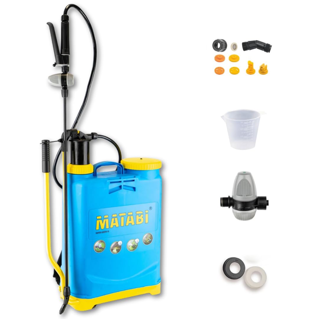 Matabi - Pulverizador a Presión Manual - Sulfatadora 16L - Lanza de Fibra y Boquilla Resistente - Fumigadora con Regulador de Presión - Correas Acolchadas - Super Green 16 - Fabricado en España