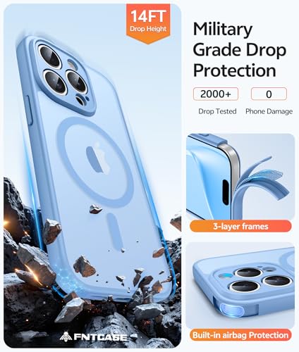Image of FNTCASE for iPhone 15 Pro Max Case: [Compatible with Magsafe] Translucent Matte Cases with [Full Camera Protection] [Screen Protector] Military Grade Shockproof Protective Phone Cover - Light Blue