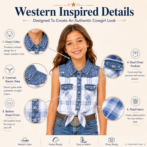 Image of Bienzoe Western Plaid Girls Shirt: Sleeveless Button Down | For girls who love cowgirl style, rodeo days, country concerts, summer comfort, family photos, horse shows, outdoor fun