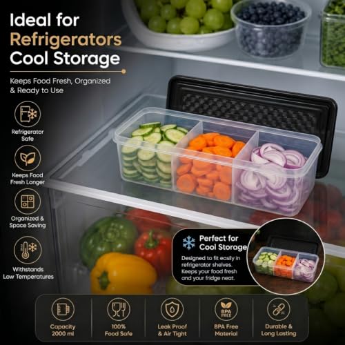 Image of MAGIC SPOON Multipurpose 3 Section Storage Container | Spice Box, Pickle Jar, Fridge Organizer, Dry Fruit, Vegetable & Kitchen Storage Container- Combo Pack (2000ml X 2) (AQUA-BLACK)