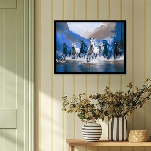 Image of HOTHOUSE Seven Running Vastu Lucky Horse and Rising Sun Painting | 7 Horses Vastu Frame Wall Art Painting for Living Room Bedroom Office Home Decor Wall Decor Size (19X25 inch)