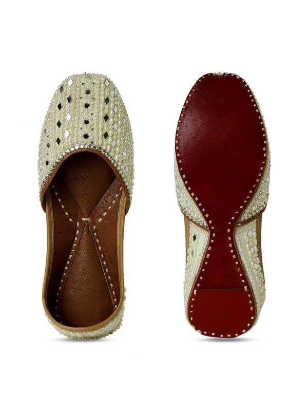 Dove Pearl Jutti for Women | Punjabi Jutti | Mojari for Ladies | Bridal Soft Leather Ethnic Juttis Off White-image-26
