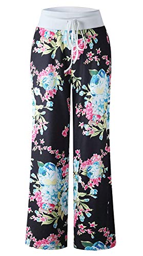 Image of Elsofer Women's Comfy Lounge Pants Soft Floral Pajama Pants Loose Drawstring Wide Leg Palazzo Pants for Sleep, Casual Wear