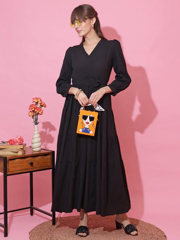 Image of Honky Tonky Women's Casual 3 /4 Sleeve Crepe Fit and Flare Dress| Comfortable Relaxed Fit Summer Party Dress