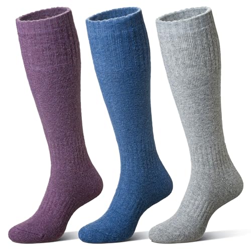 Eocom Unisex Merino Wool Ski Socks Thermal Warm Winter Thick Knee High Long Snowboarding Boot Socks for Women Men 3 Pairs(Grey/Blue/Purple Medium)