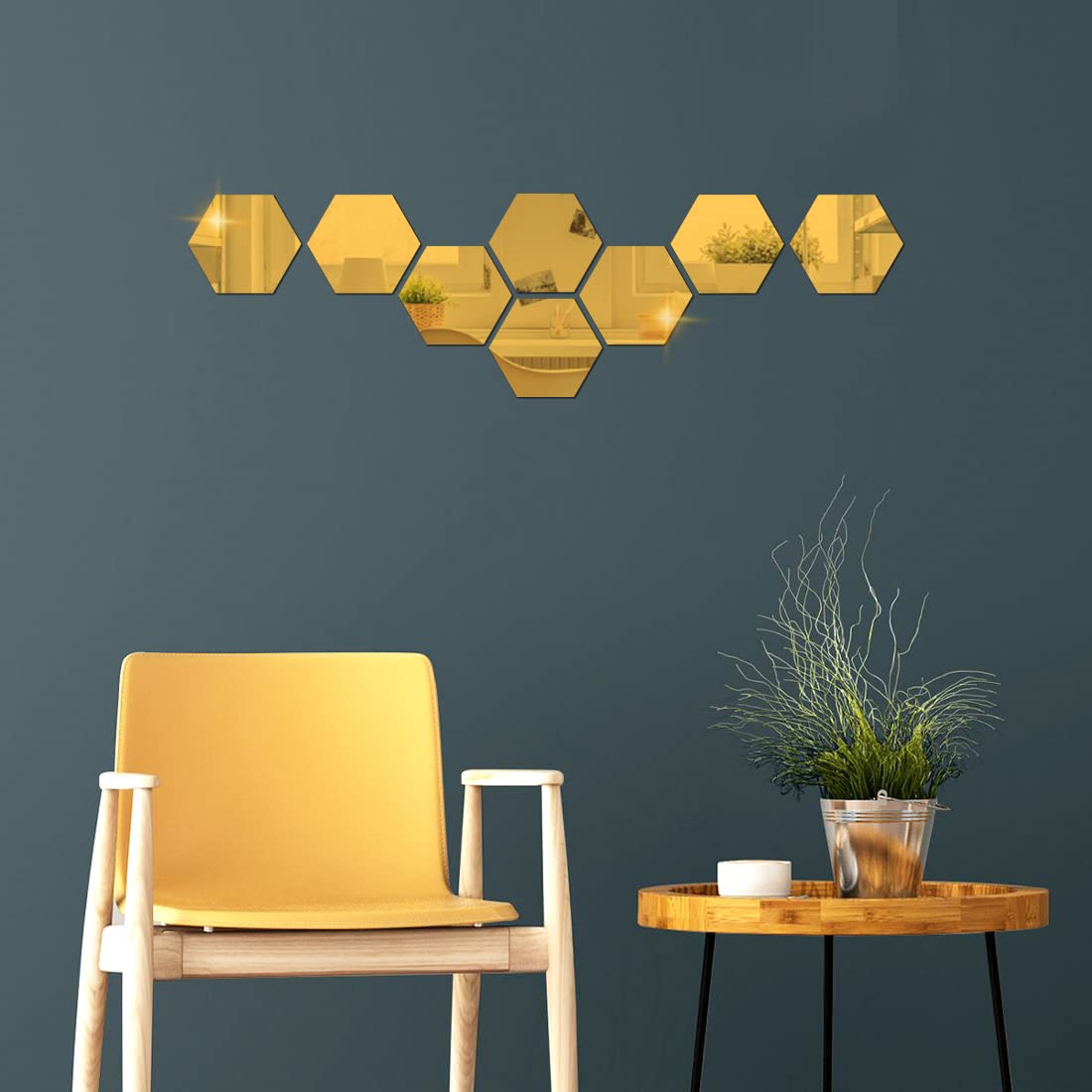 DSticker 8 Hexagon Mirror Gold Wall Stickers for Wall Size (10.5x12.1) Cm Acrylic Mirror for Wall Stickers for Bedroom | Bathroom | Kitchen | Living Room Decoration Items (8HexaGold)