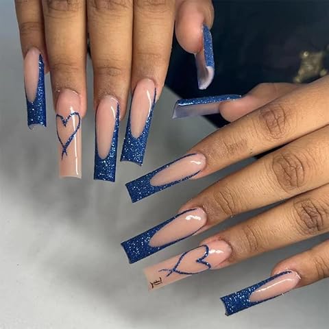 Valentine's Day Blue Sequins Press On Nails Square Long Fake Heart False Nails Acrylic Glue On Nails Full Cover Stick On Nails For Women Diduikalor (24 PCS) Cover