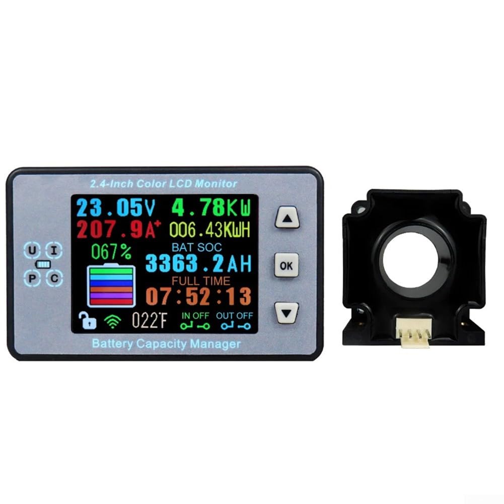 Kabelloses Batteriemessgerät für DC 12V-80V Systeme, 100A Hall-Sensor, Spannung/Strom/Ah/SOC/Temp/KWH Display, kein Shunt erforderlich, einfache zerstörungsfreie Installation