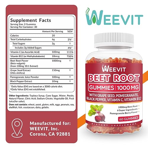Beet Root Gummies 1000Mg, Nitric Oxide Supplement For Men Women | Organic Beet Gummy With Grape Seed, Pomegranate, Black Pepper, Vitamin C, B12 (2-Pack) #TOP3