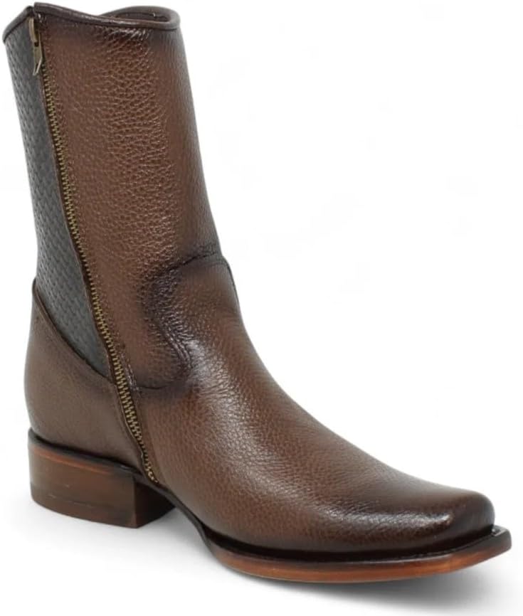 Men’s Faded Brown Genuine Leather Midcalf Dress Western Cowboy Short Boots, With Side Zipper, Dubai Square Toe