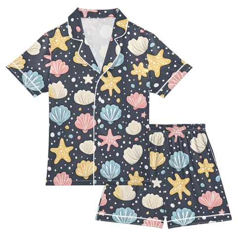 Cute Seashell Starfish Colorful Pajamas Set Summer Button Down Sleepwear Pjs Sets Comfy Loungewear