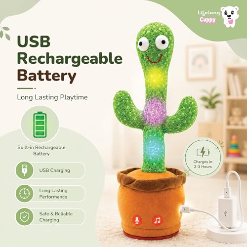 Image of Lifelong Cuppy Dancing Cactus Toy for Kids 6 Months-5 Yrs | Educational Talking Cactus with Music, Voice Repeater & LED Lights | USB Rechargeable, Interactive Tree Toy for Kids | Non- Toxic & Durable