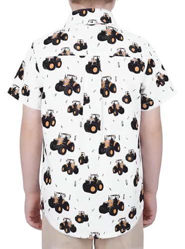 Image of Boys Button Down Shirts Dress Short Sleeve Kids Hawaiian Tractor 12-13Y | Pure Combed Cotton, Smooth 60s yarn, Tagless Label, Pilling-Resistant, Shrink-Resistant, Fade-Resistant, Machine Washable