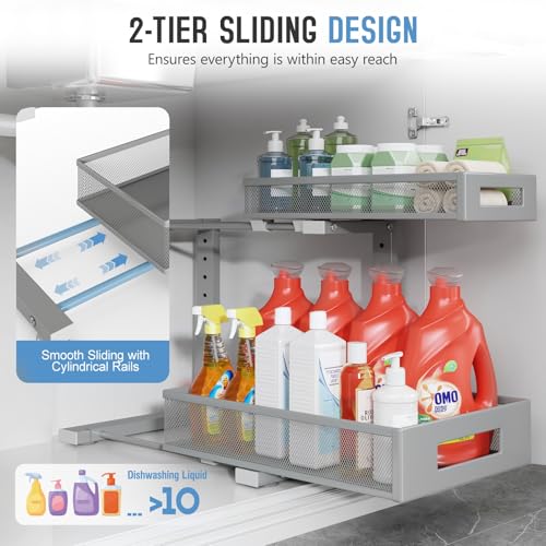 Image of 1 Pack-11.4 inch-16.14 inch H Under Sink Storage Organizer, Large 2-Tier Elegant Mesh Pull Out Shelf for Kitchen & Bathroom Cabinet Organization, L-Shaped, Adjustable Height-Gun Gray