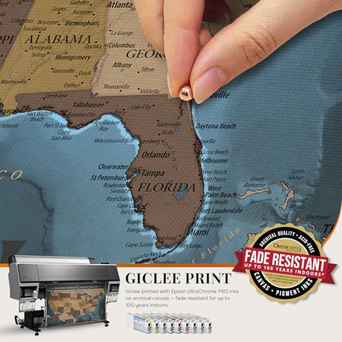 Image of DECORARTS - USA Push Pin Travel Map, Vintage Explorer-Style Canvas Wall Art in Blue, Archival Giclee Print, Hand-Stretched Canvas, Living Room & Office Wall Decor, for Travelers, Made in USA, 30x24''