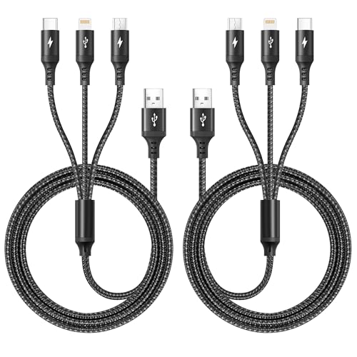 2Pack Multi Charger Cable [3.5A/6ft] UZAHSK 3 in 1 Braided USB Fast Charging Cable with IP/Type C/Micro USB Ports Adapter for Phone 17/16/15/14/13/12/11/X/Samsung Galaxy/Pixel/HTC/LG/Huawei/Tablets.